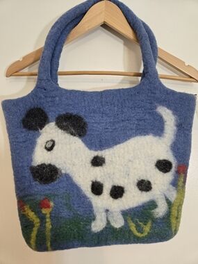 Handmade Felted Wool Tote with Playful Dalmatian